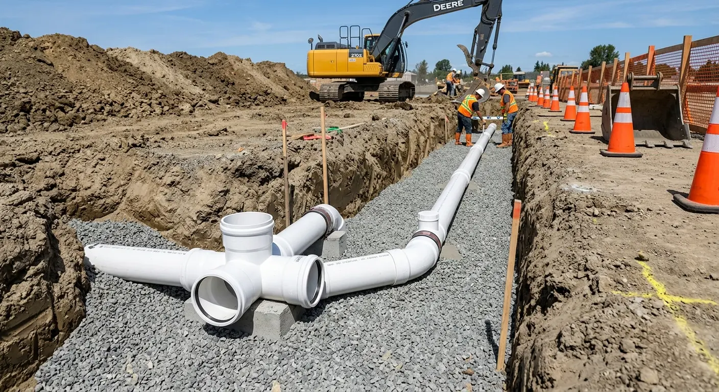 New PVC sewer pipe installation in open trench for Commercial Drain Cleaning in Kingstowne