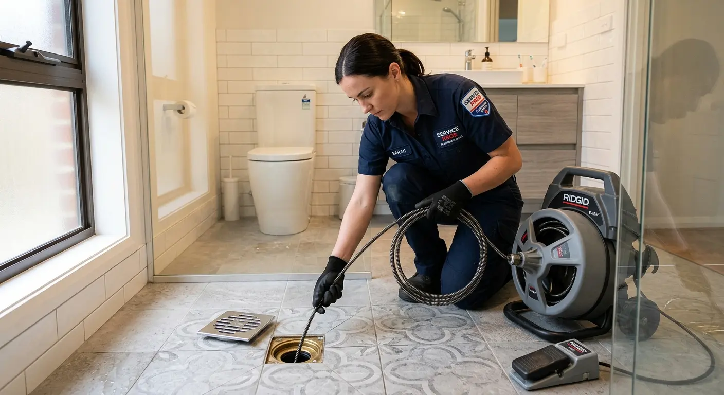 Technician clearing a bathroom floor drain for Clogged Drain Repair in Kingstowne